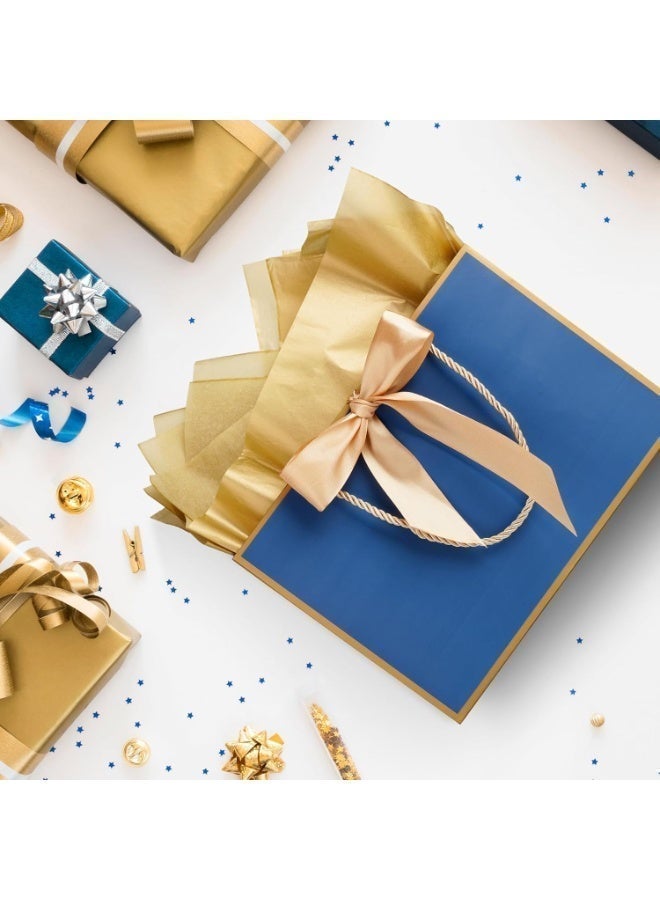 Neox ٣ أكياس هدايا زرقاء كبيرة، أكياس ورقية مزينة بشريط، بطاقات تهنئة وورق مناديل، حقائب حفلات محمولة بمقابض، أكياس هدايا أعياد ميلاد، أكياس هدايا لحفلات الزفاف، لوازم الحفلات - Image 3